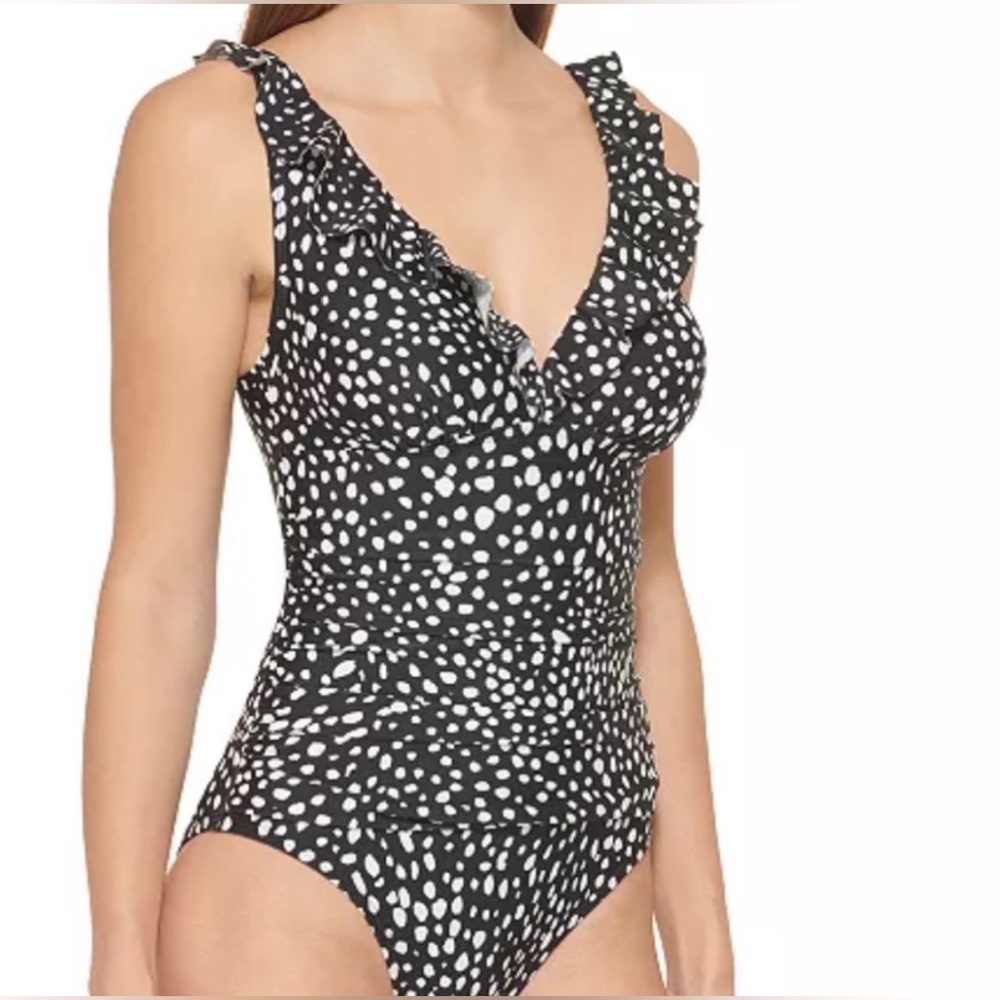 NWT DKNY Ruffle V neck Black and White Dotted Swimsuit